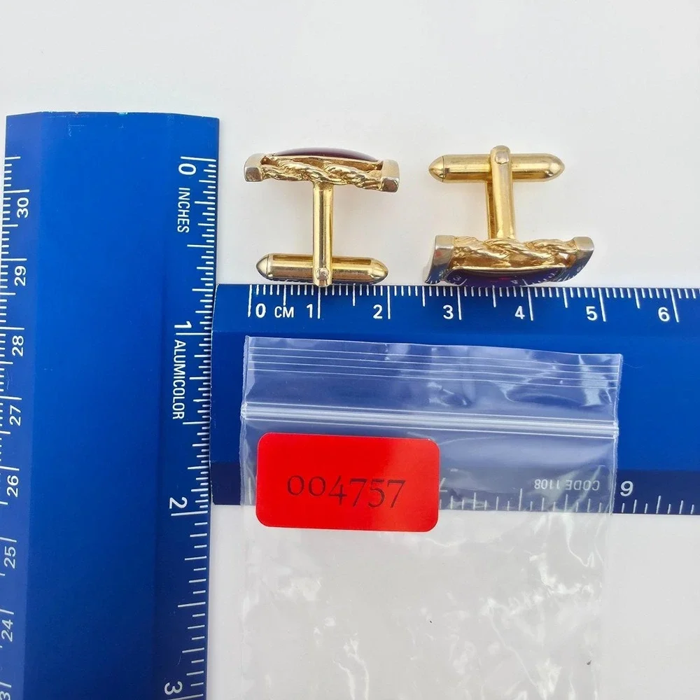 Vtg 80 Yr SWANK Cufflinks Deep Red Cabochons Mid-Century Rope Frame Gold Plate
